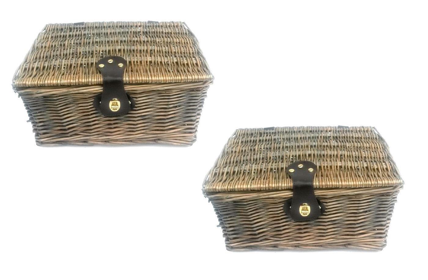 Set Of 2 Picnic Hamper Basket With Lid Latch No Lining Oak  Extra Large 48x39x27cm